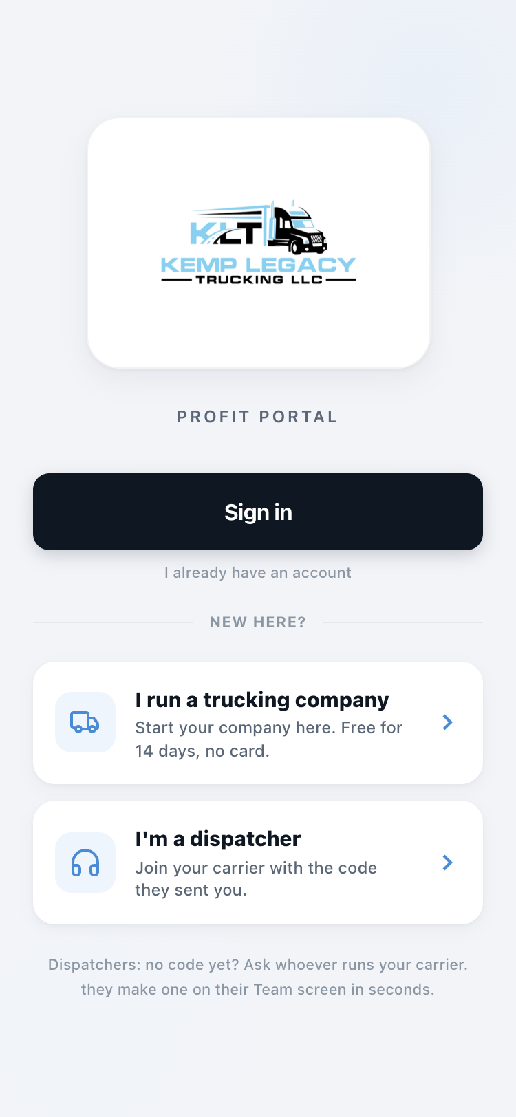 KLT Profit running as an app on a phone