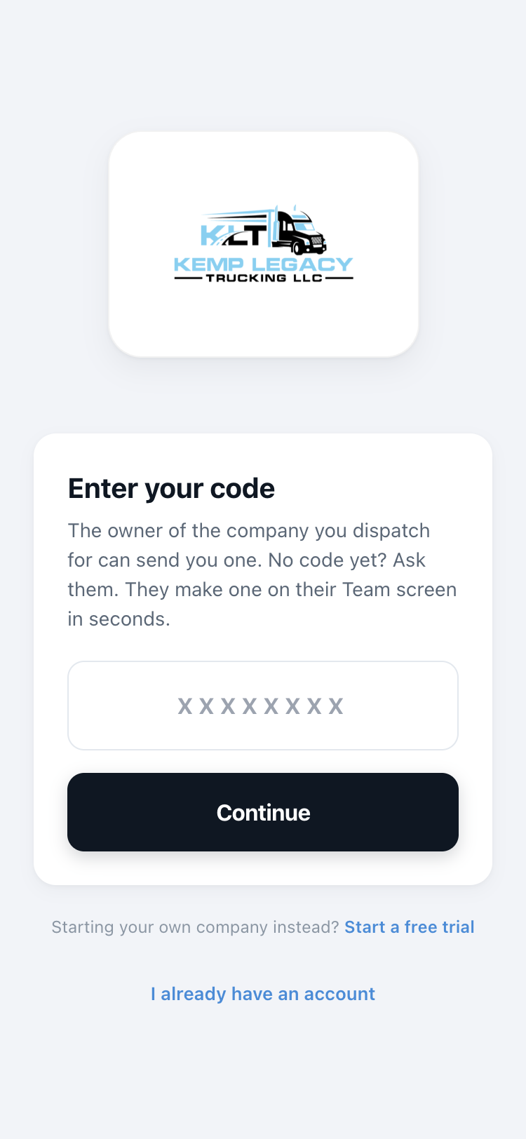 The join-with-a-code screen