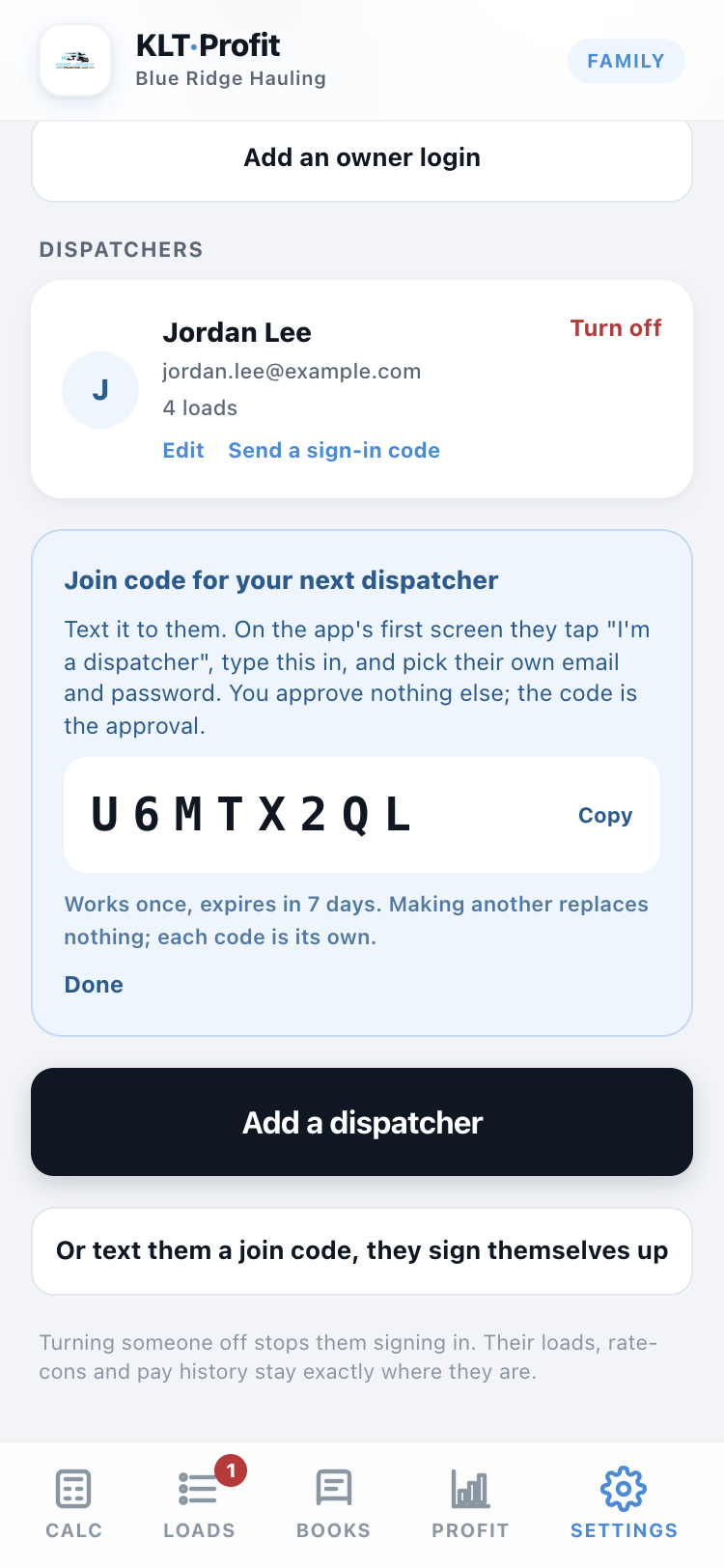 The join code on the Team tab