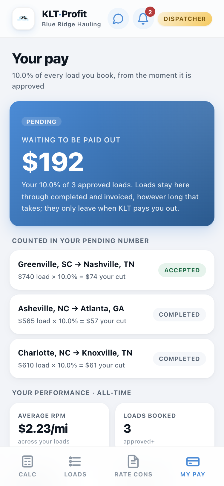 The dispatcher's pay screen