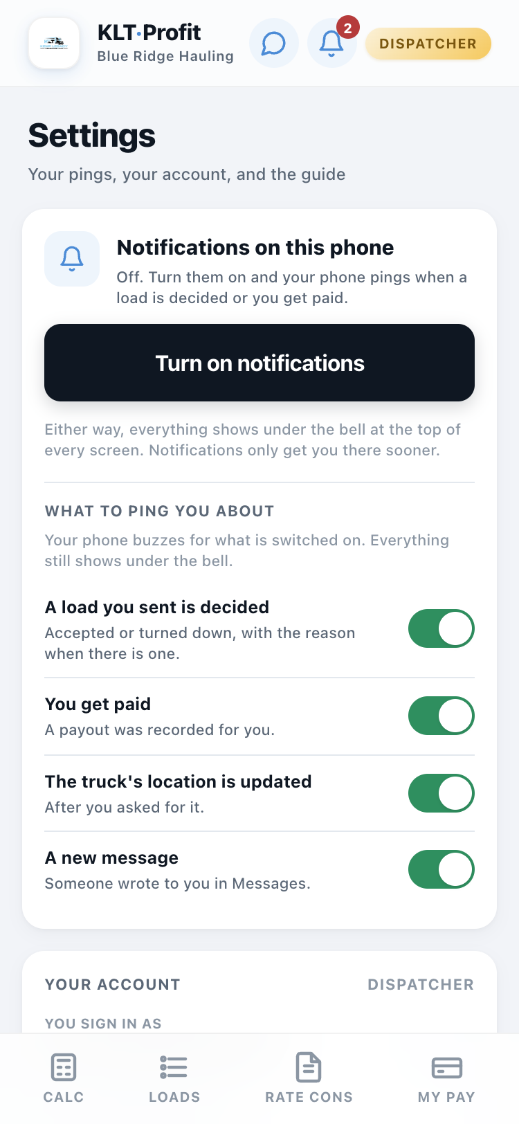 The dispatcher's Settings screen