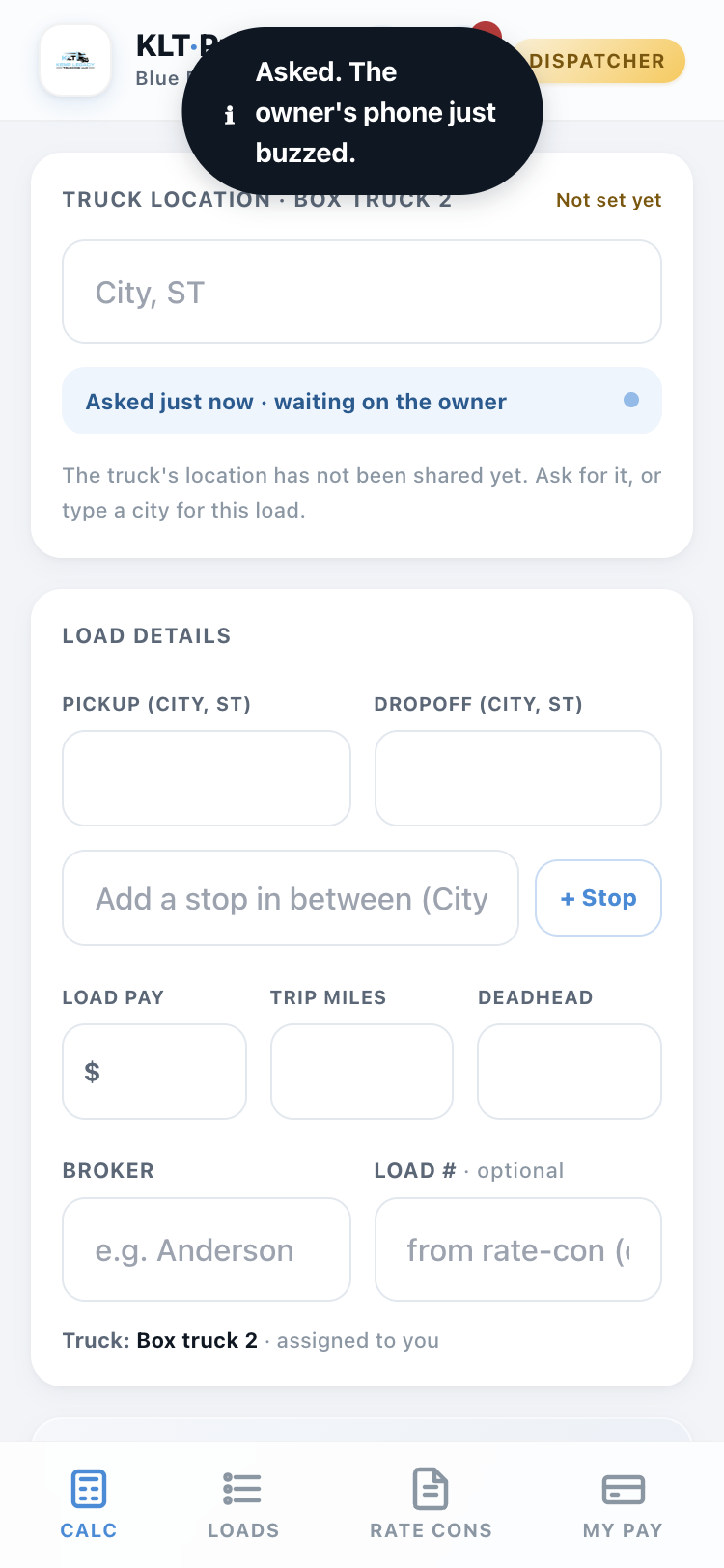 The truck location card after asking